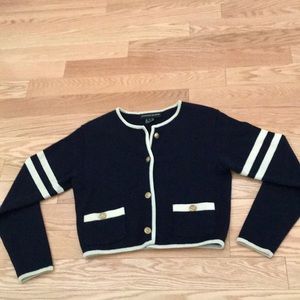 Knit navy blue and off white cardigan, wool blend